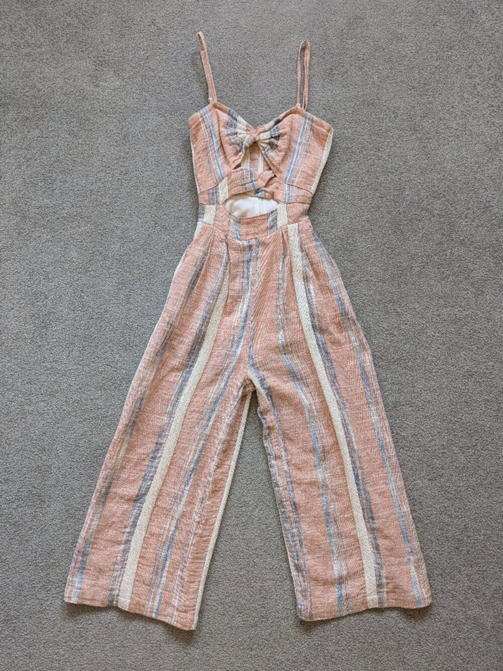 PREM by Premonition Wide-Leg Striped Jumpsuit Front Cut-out Linen Cotton Size 2